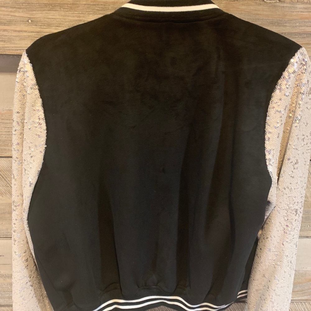 Sequin Sleeve Faux Suede Varsity Jacket - Picture 7 of 7